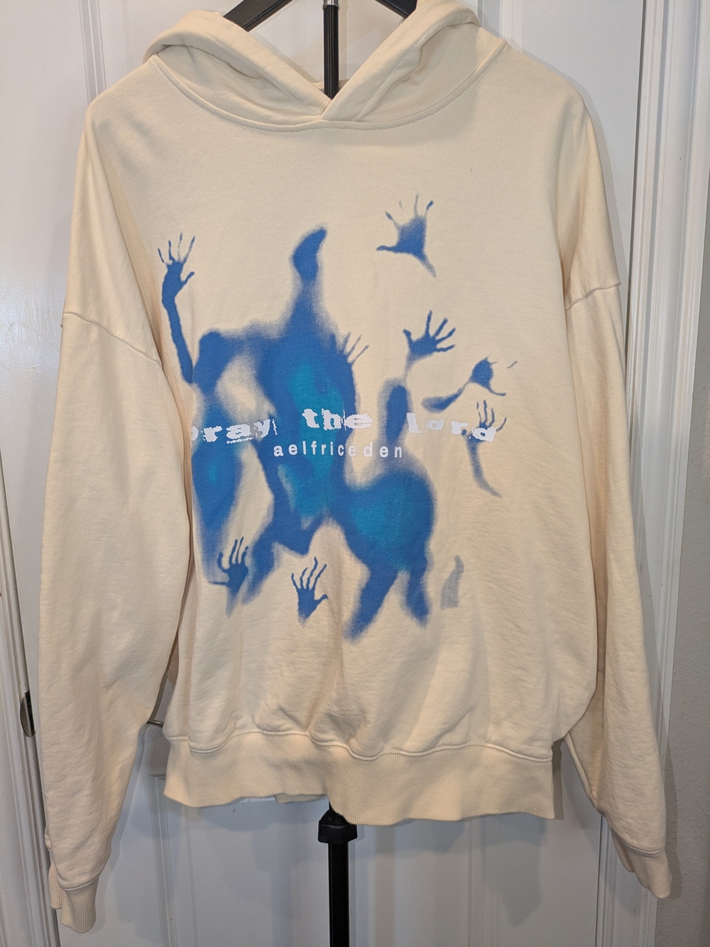 Aelfric Eden Pray The Lord Graphic Hoodie Cream Blue Y2K Streetwear M